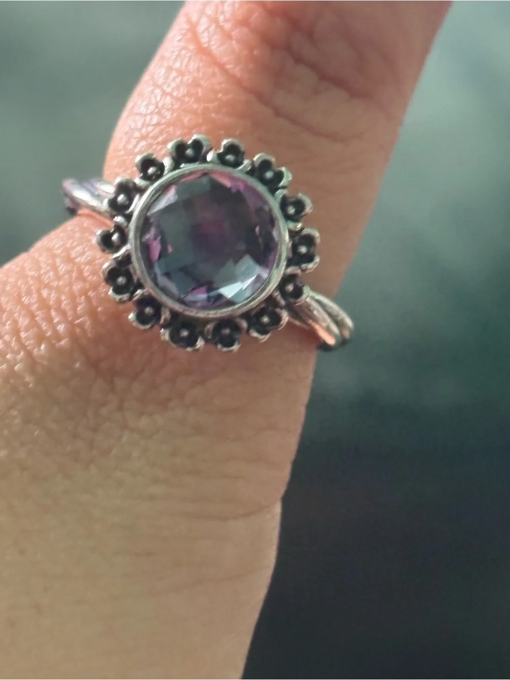 Pandora Silver RETIRED Ring with Purple Faceted Gem